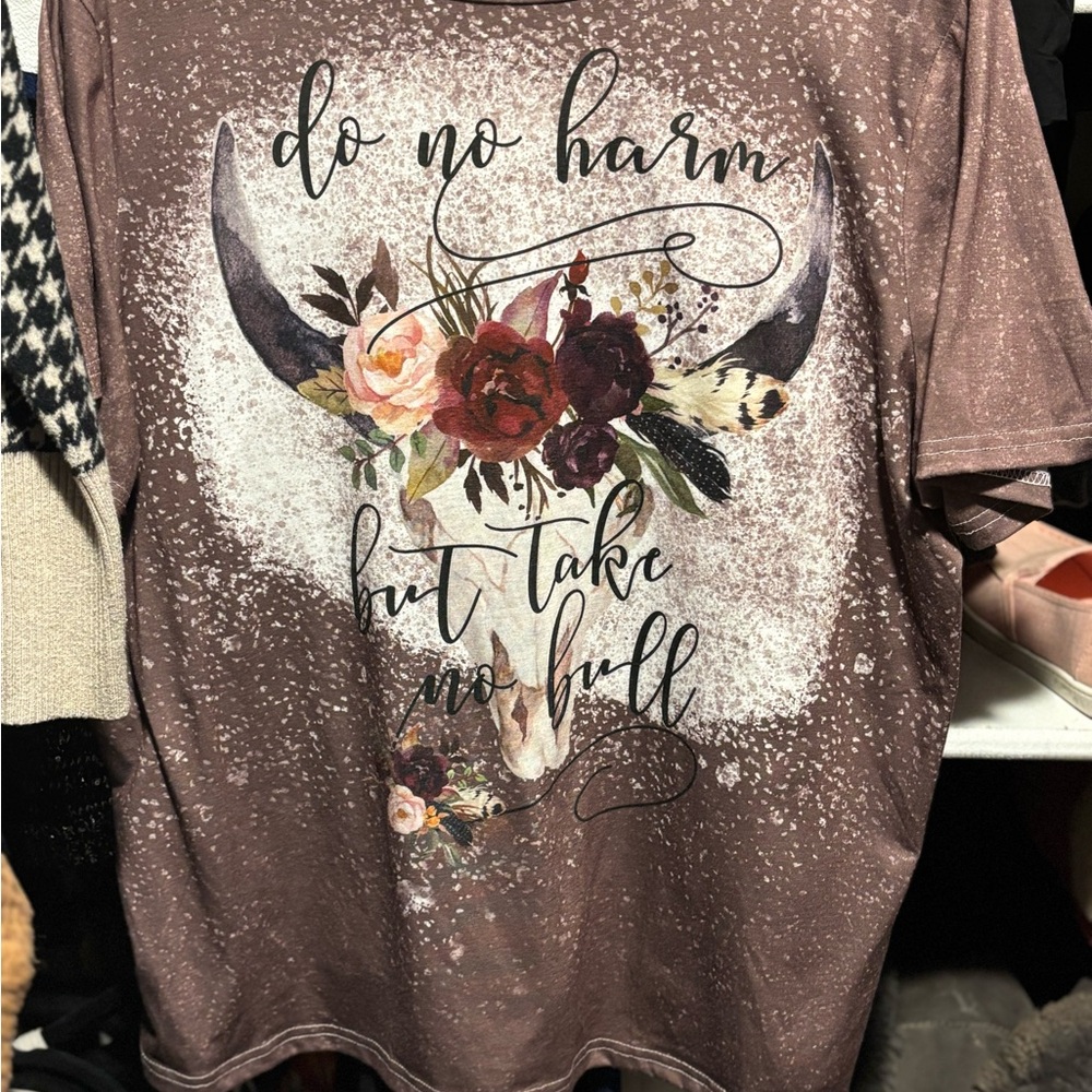 Mauve Bleach Splattered Western T-Shirt with Floral Design